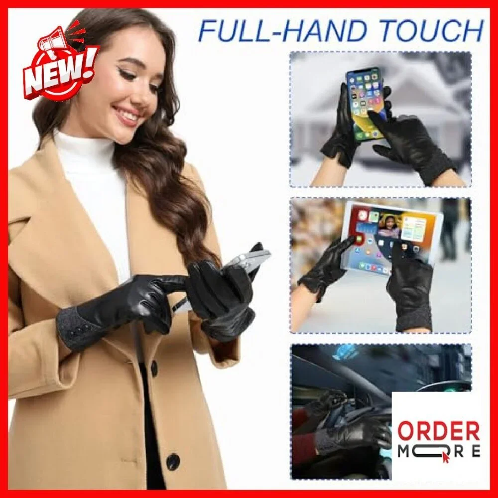 Genuine Leather Touchscreen Gloves, Cashmere Lined, Winter Driving